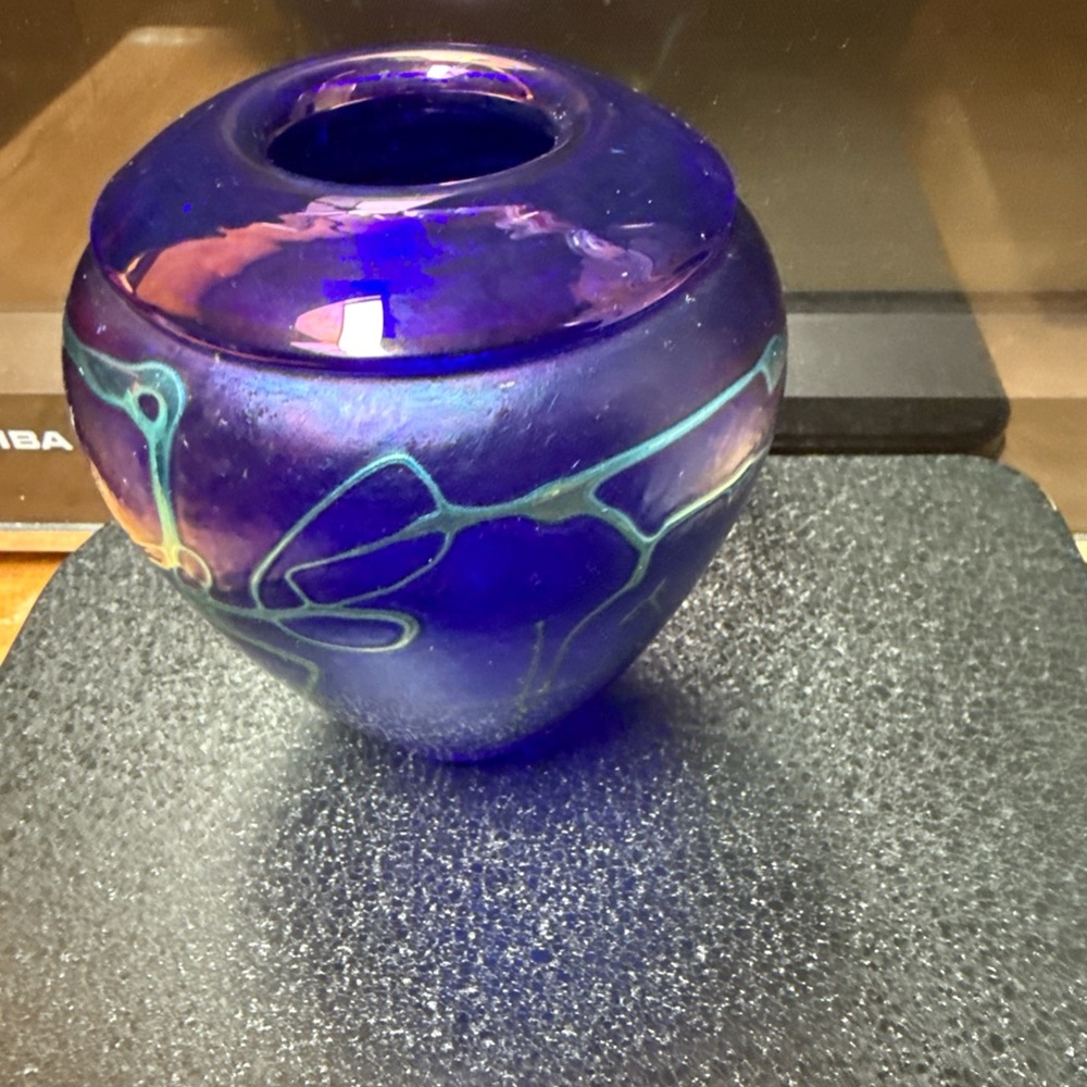 RARE Robert Held iridescent blue and purple peacock vase